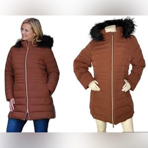 NUAGE Orange Brown Stretch Puffer Coat Jacket w/ Removable Faux Fur Trim Coat, M